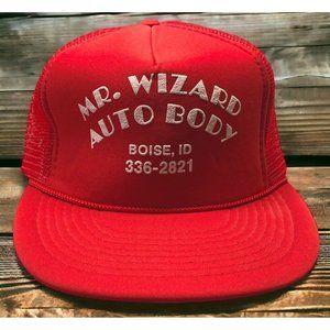 Mr Wizard Auto Body Trucker Hat Vintage Snapback Cap Red One Size Mechanic Boise